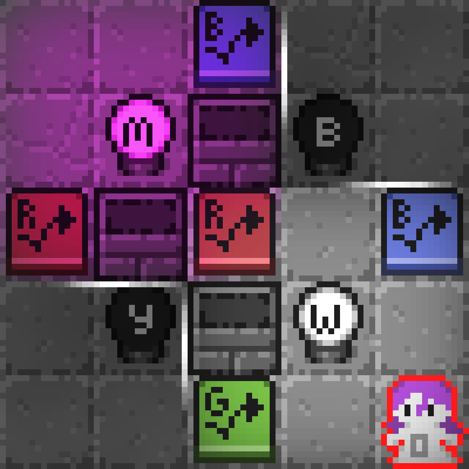 A puzzle in a gray-tiled area featuring colored toggle switches, some lit colored light bulbs, and a single Lumin standing in the light
